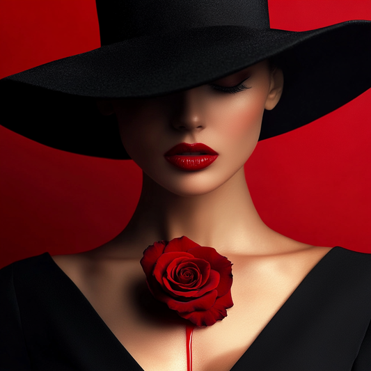 Elegante Frau mit schwarzem Hut und roter Rose – Stilvolles Porträt mit Sinnlichkeit