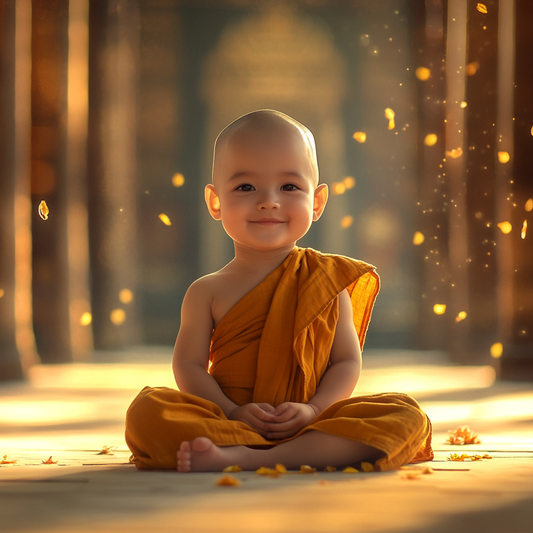 Lächelnder kleiner Mönch im goldenen Licht – Kind in Meditation