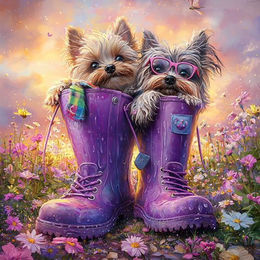 Zwei Yorkshire Terrier in Gummistiefeln – Verspielte Frühlingsszene im Blumenmeer