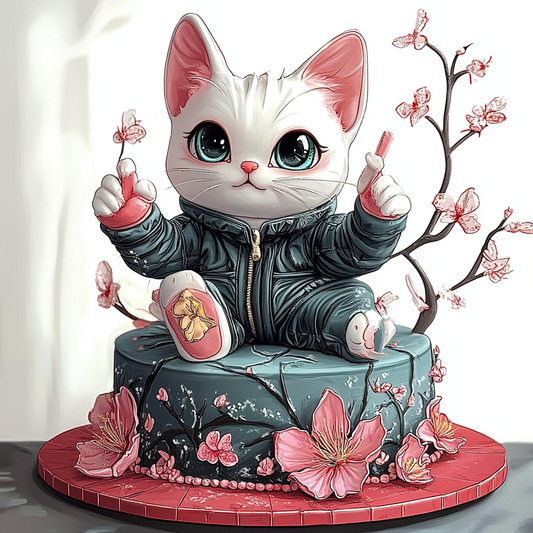 Verspielte Katzentorte mit Blüten und Jacke – Detailreiche Fondantkunst