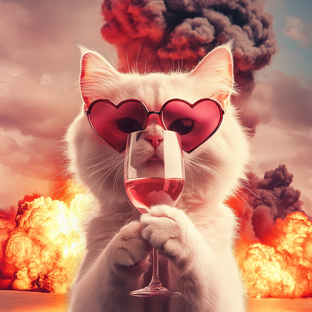 Weiße Katze mit herzförmiger Sonnenbrille hält ein Weinglas vor einer apokalyptischen Explosion – surrealer Kontrast zwischen Coolness und Chaos.
