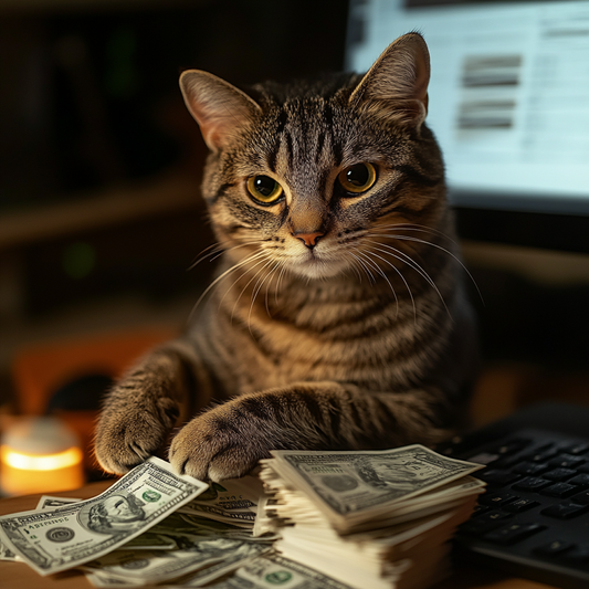 Finanzgenie auf Samtpfoten: Katze zählt Geld am Schreibtisch
