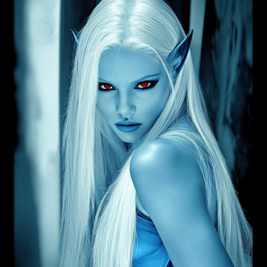 Mystische Kriegerin aus einer anderen Welt: Eiselfe mit roten Augen