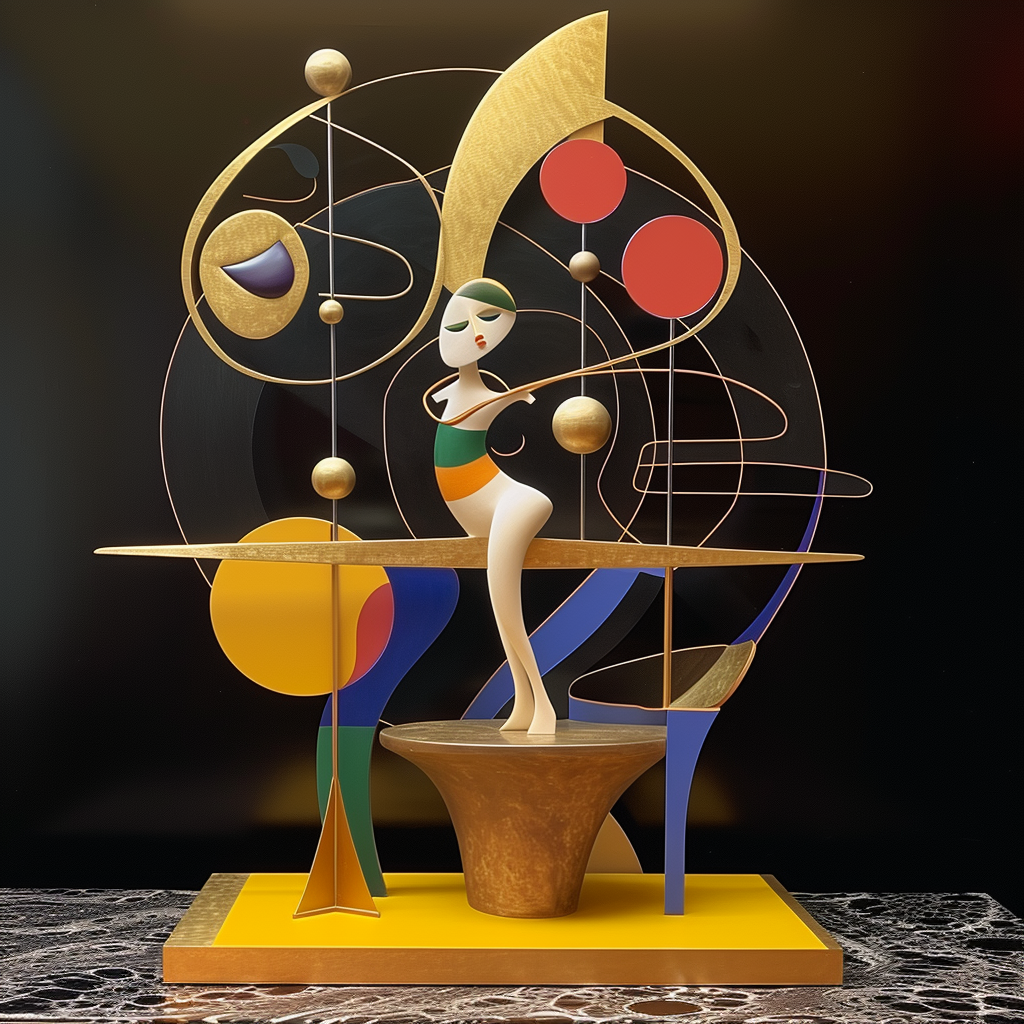 Abstrakte geometrische Figur in Gold, Blau, Rot und Orange vor dunklem Hintergrund – moderne digitale Kunst mit skulpturaler Komposition.
