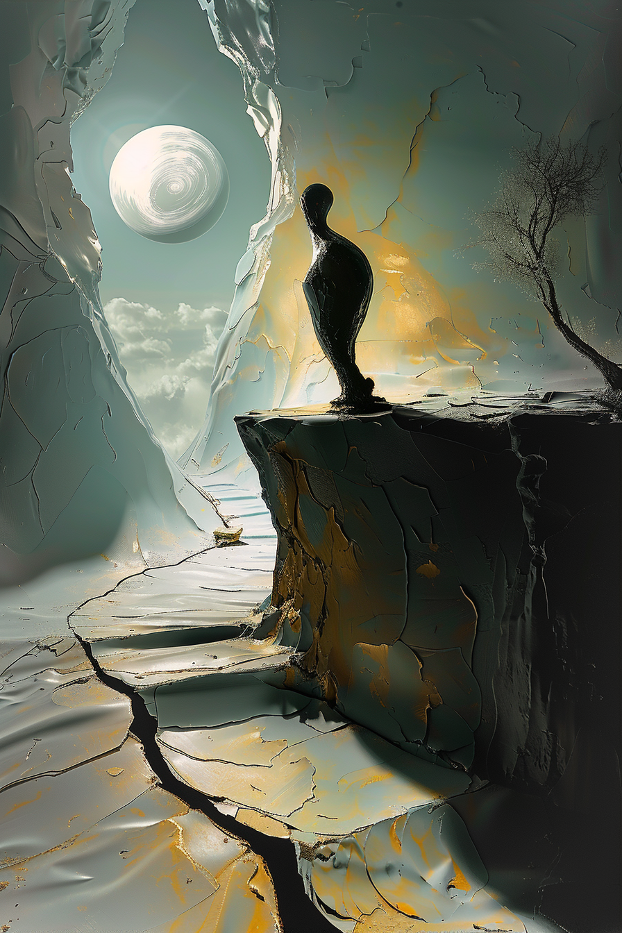 figur steht auf klippe im mondlicht mit felsen und weg
