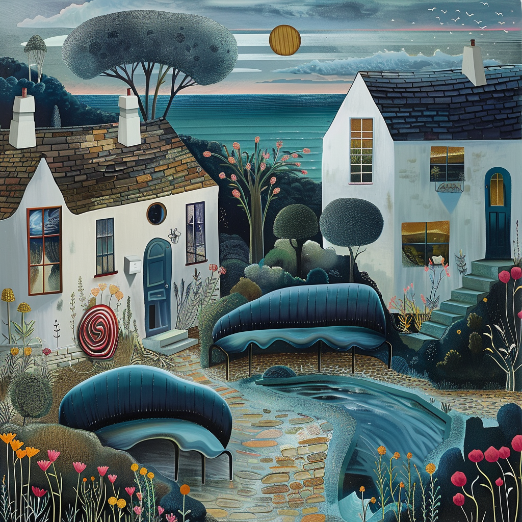 Malerei zweier Häuser in einer poetischen Küstenlandschaft mit Bäumen, Pflanzen und Bänken. Der Himmel wirkt träumerisch, das Meer ruhig – eine surreale, farbenreiche Komposition zwischen Realität und Fantasie.

