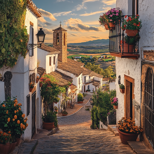 Malerisches Dorf in der Abendsonne – mediterrane Gasse mit Blick ins Tal