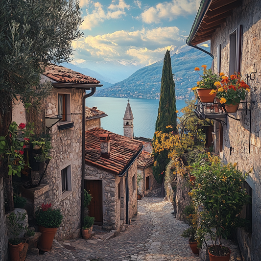 Verwunschene Gasse am See – mediterranes Dorf mit Alpenblick
