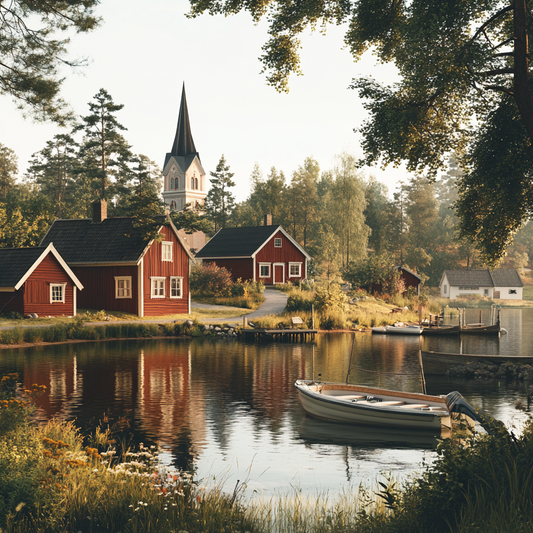 Idyllisches Schweden – Rotes Holzhaus am Seeufer im Morgenlicht