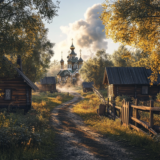 Morgenstimmung im russischen Dorf – Holzarchitektur und Zwiebeltürme