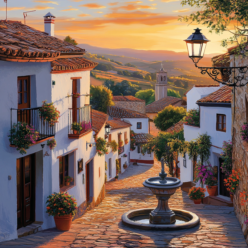 Andalusisches Dorf im Abendlicht – Gasse mit Brunnen und Blütenpracht