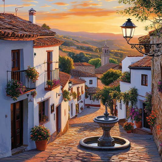Andalusisches Dorf im Abendlicht – Gasse mit Brunnen und Blütenpracht