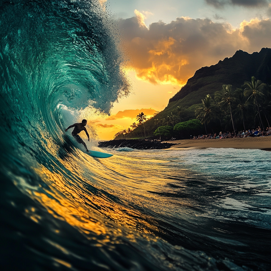 Sonnenuntergang im Barrel – Surfer in der goldenen Welle