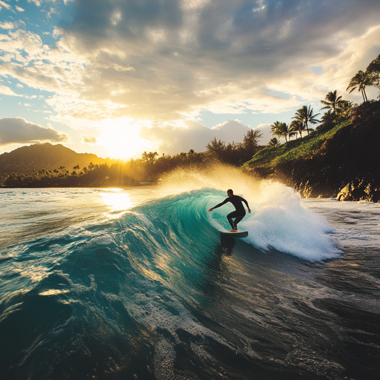 Surfen im Abendlicht – Wellenreiten vor tropischer Kulisse