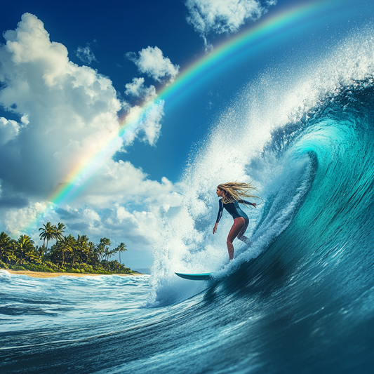 Surfen im Paradies – Welle, Regenbogen und tropisches Flair