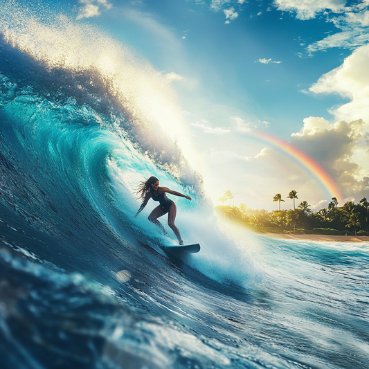 Wellenritt mit Regenbogen – Surferin im tropischen Lichtspiel