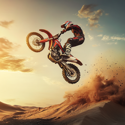Motocross-Sprung in der Abenddämmerung – Kraft, Staub und Freiheit
