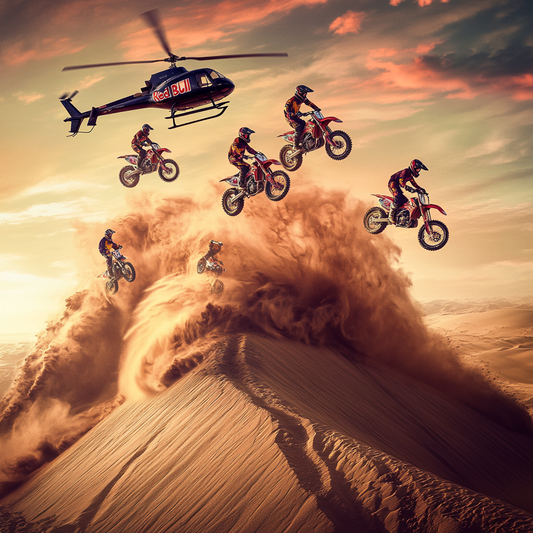 Motocross-Explosion – Sprung über die Düne im Abendlicht