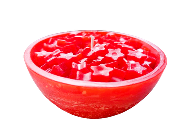 Rote Schalenkerze mit weißen Sternmotiven an der Oberfläche, freigestellt mit transparentem Hintergrund.