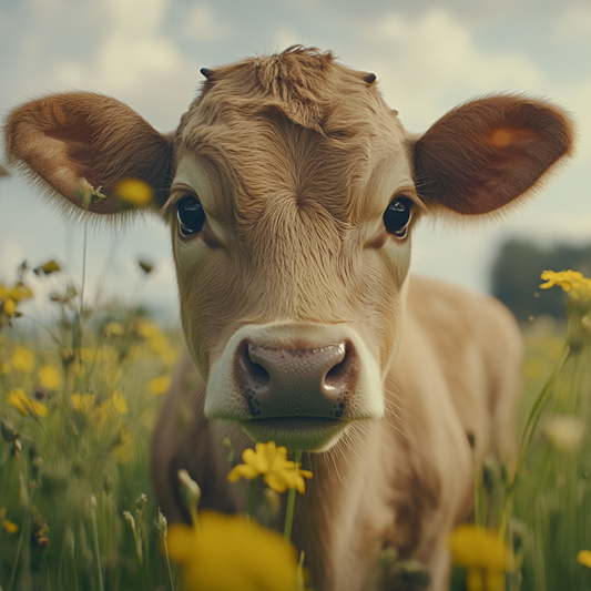 Neugieriges Kalb im Blumenmeer