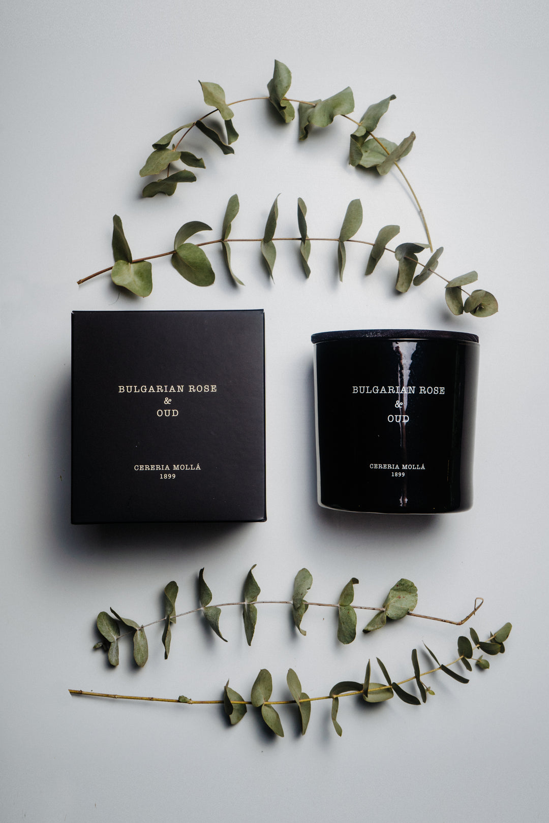 Schwarze Duftkerze Bulgarian Rose & Oud und passende Geschenkverpackung von Cereria Mollá elegant arrangiert auf hellem Untergrund. Umrahmt von frischen Eukalyptuszweigen – natürlich, luxuriös und stilvoll inszeniert