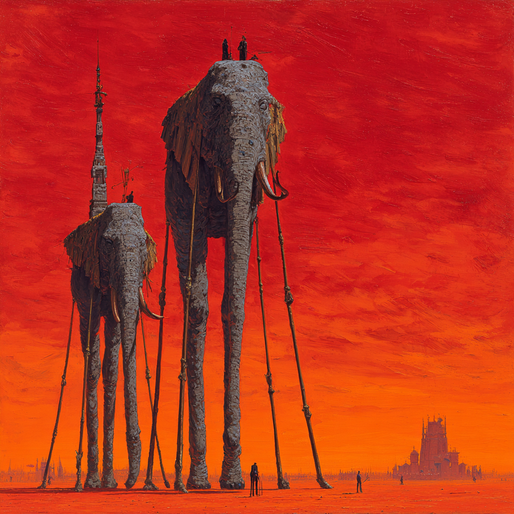 Ein surrealistisches Gemälde zeigt riesige, auf langen dünnen Beinen stehende Elefanten, die über eine glühend rote Landschaft schreiten, während winzige Figuren zu ihren Füßen stehen.
