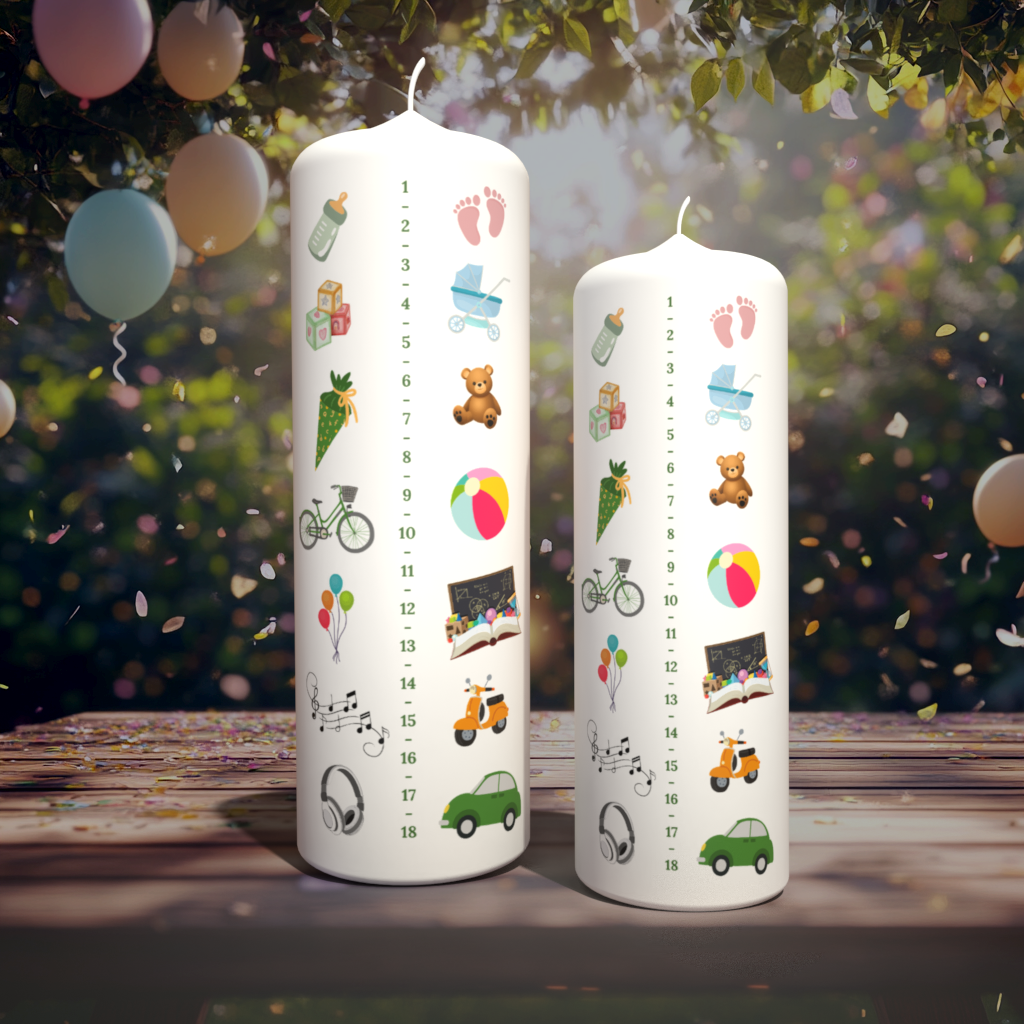 Personalisierte Kinderkerzen mit bunten Symbolen und Zahlenreihe von 1–18 als Messskala – ideales Geschenk zur Geburt oder Taufe.