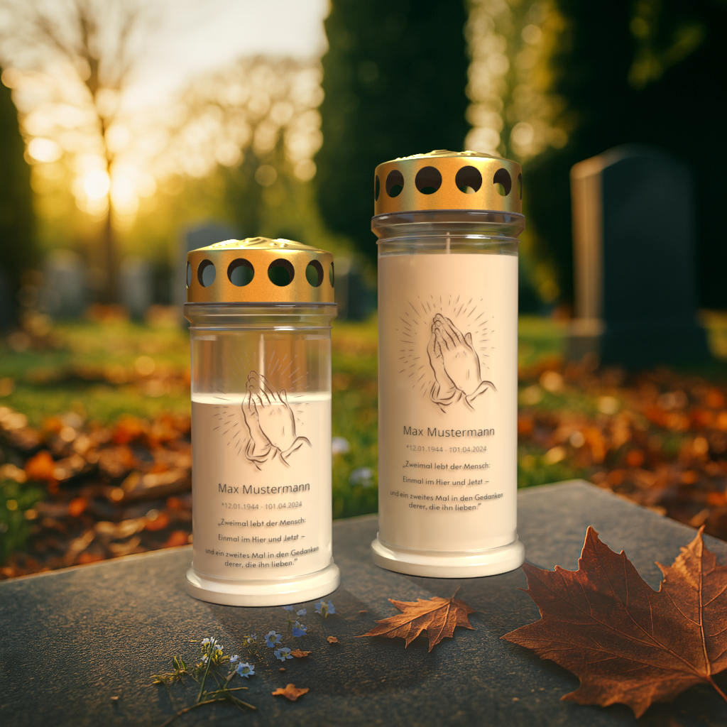 Zwei weiße Gedenkkerzen mit goldfarbenem Deckel stehen auf einem Grabstein in einem herbstlichen Friedhofsumfeld bei Sonnenuntergang. Beide Kerzen tragen das Symbol betender Hände und den Namen „Max Mustermann“ mit den Lebensdaten „*12.01.1944 – †10.04.2024“. Darunter befindet sich ein Trauerspruch:
„Zweimal lebt der Mensch –
Einmal im Hier und Jetzt –
und ein zweites Mal in den Gedanken derer, die ihn lieben.“
