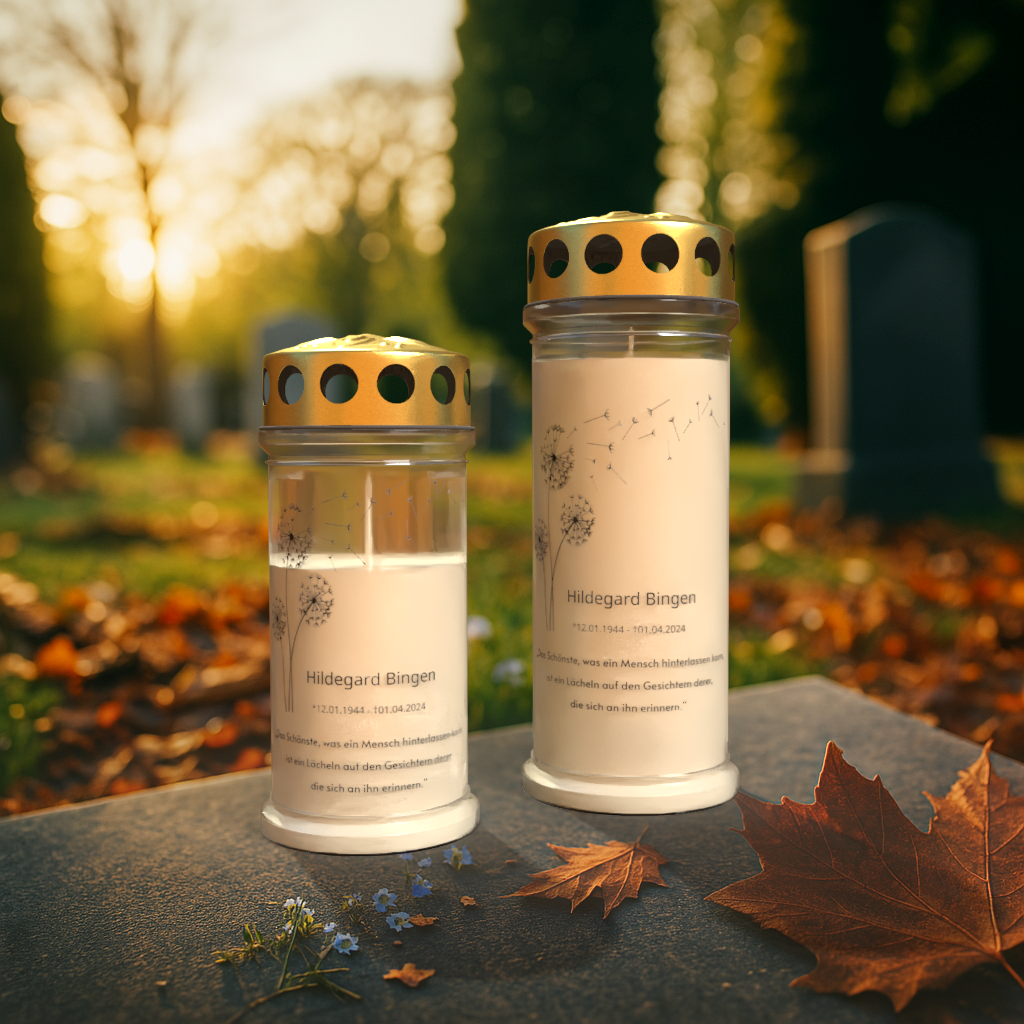 Zwei weiße Gedenkkerzen mit goldenen Deckeln stehen nebeneinander auf einem Grabstein bei warmem Sonnenuntergang auf einem Friedhof. Beide Kerzen tragen die Aufschrift „Hildegard Bingen“ mit dem Geburts- und Sterbedatum „12.01.1944 – 10.04.2024“. Ein zarter Löwenzahn mit verwehenden Samen schmückt das Design. Darunter steht der Spruch: „Das Schönste, was ein Mensch hinterlassen kann, ist ein Lächeln auf den Gesichtern derer, die sich an ihn erinnern.“