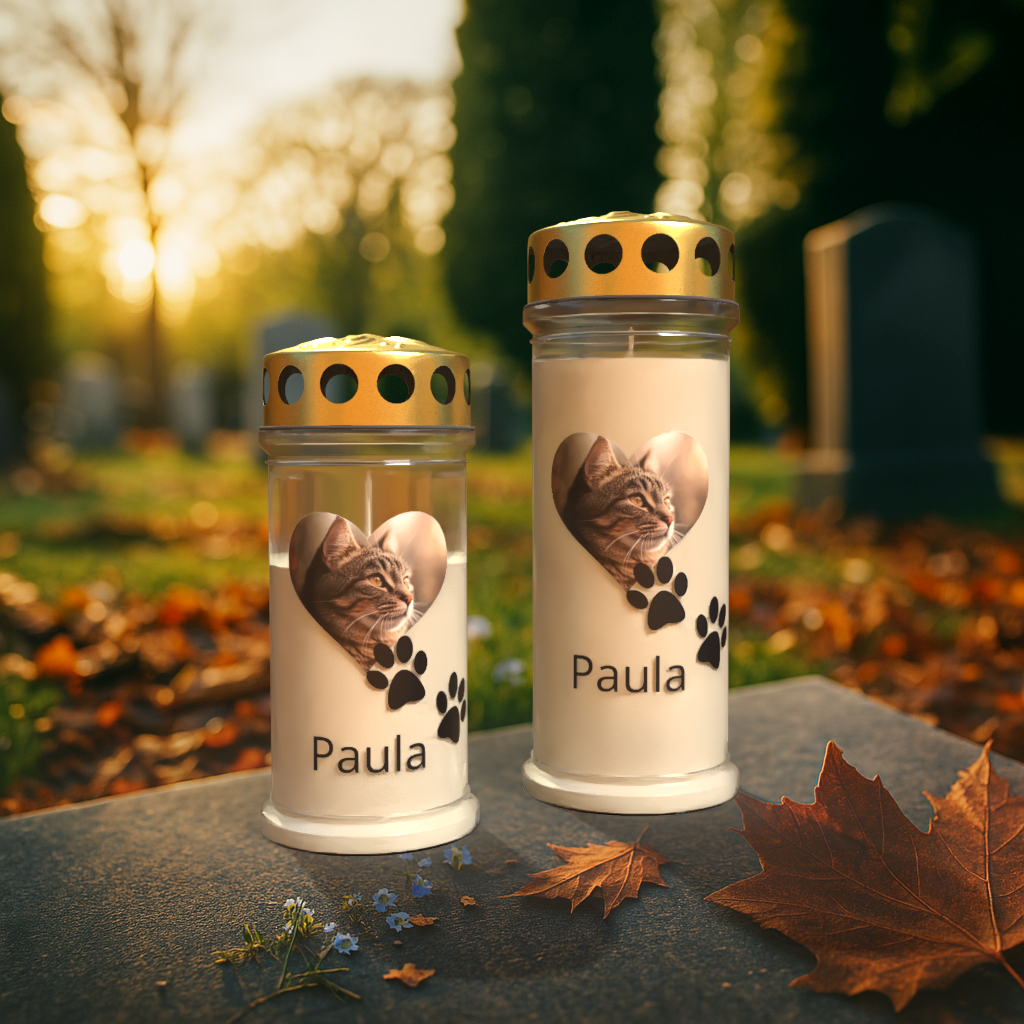 Zwei weiße Gedenkkerzen mit goldfarbenem Deckel stehen auf einem Grabstein bei herbstlichem Sonnenuntergang auf einem Friedhof. Auf beiden Kerzen ist das Foto einer grau-getigerten Katze in einem herzförmigen Rahmen zu sehen, darunter schwarze Pfotenabdrücke und der Name „Paula“. Die Szene ist von Herbstlaub und kleinen blauen Blumen umgeben, während im Hintergrund Grabsteine und Bäume im warmen Abendlicht zu erkennen sind.