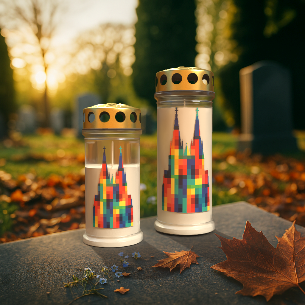 Zwei Grablichter mit Regenbogen-Motiv des Kölner Doms, inspiriert vom Richter-Domfenster, auf einem herbstlichen Friedhof mit Laub und Blumen.