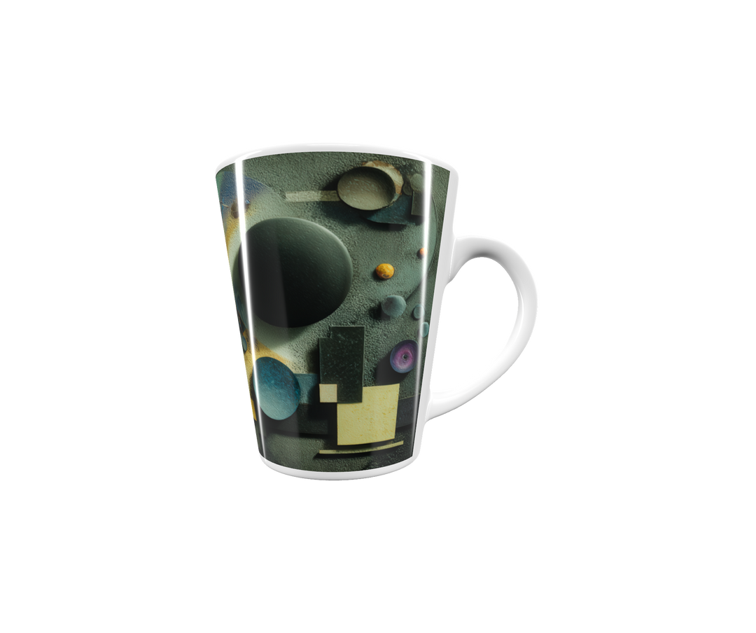 „Latte-Tasse konisch mit abstraktem Motiv in Gelb-Blau-Violett, Kandinsky-inspiriert im Bauhaus-Stil“