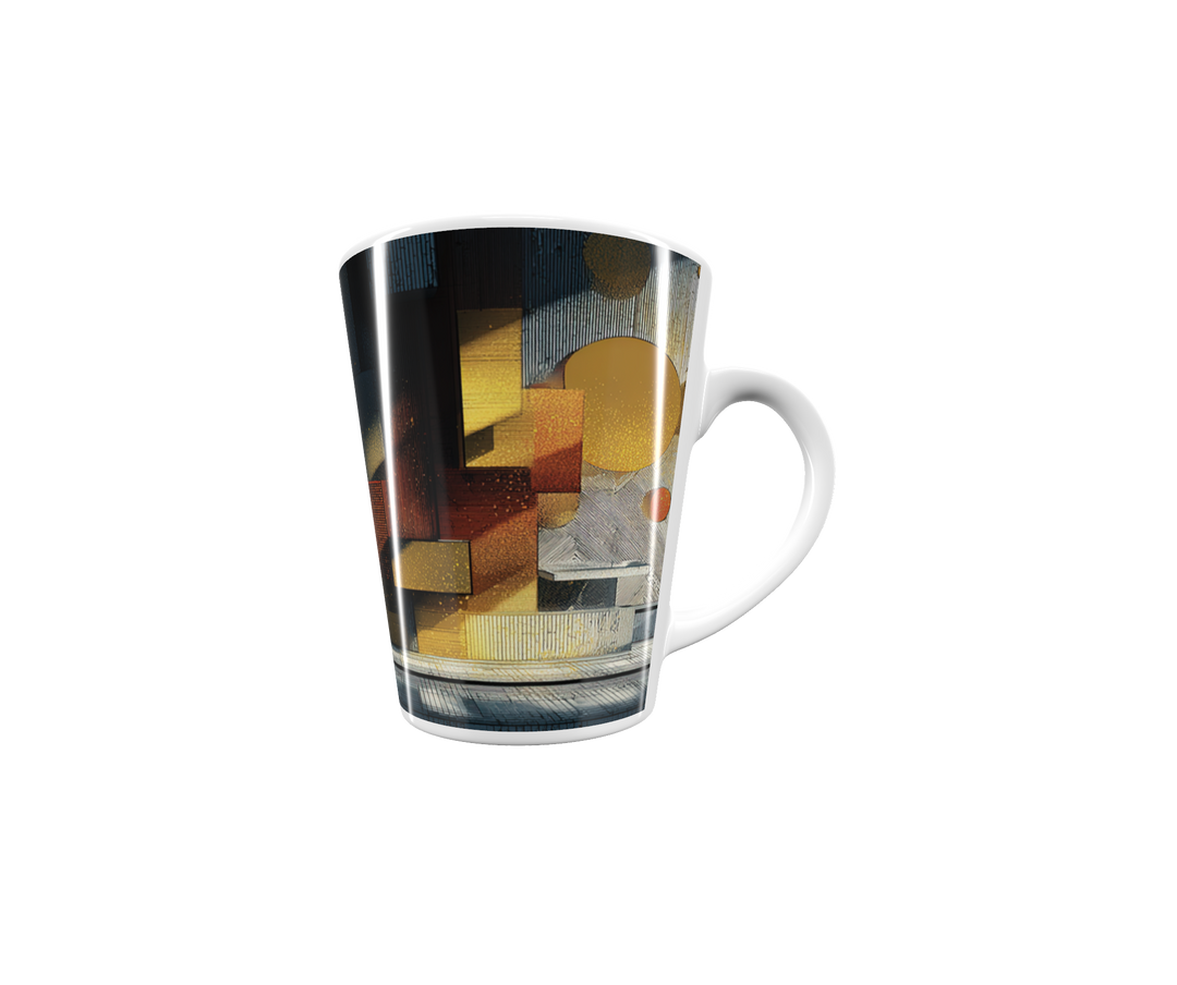 „Latte-Tasse konisch mit geometrischem Motiv in Gold-Kupfer auf dunklem Bauhaus-Hintergrund“