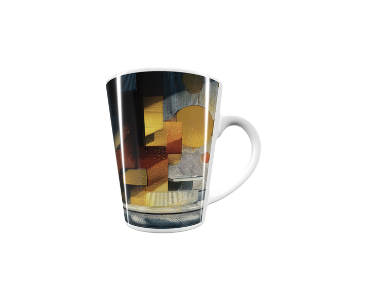 „Latte-Tasse konisch mit geometrischem Motiv in Gold-Kupfer auf dunklem Bauhaus-Hintergrund“
