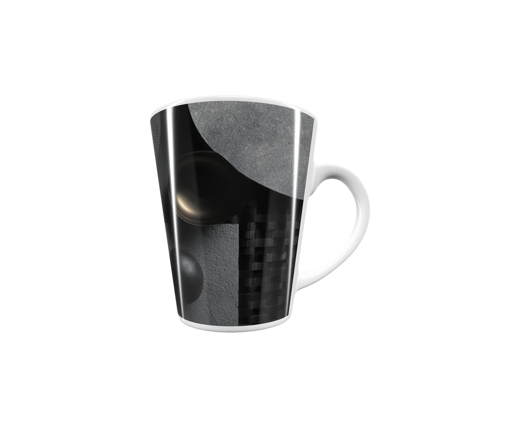 „Latte-Tasse konisch mit minimalistischem geometrischem Motiv in Schwarz und Grau, inspiriert von Bauhaus“