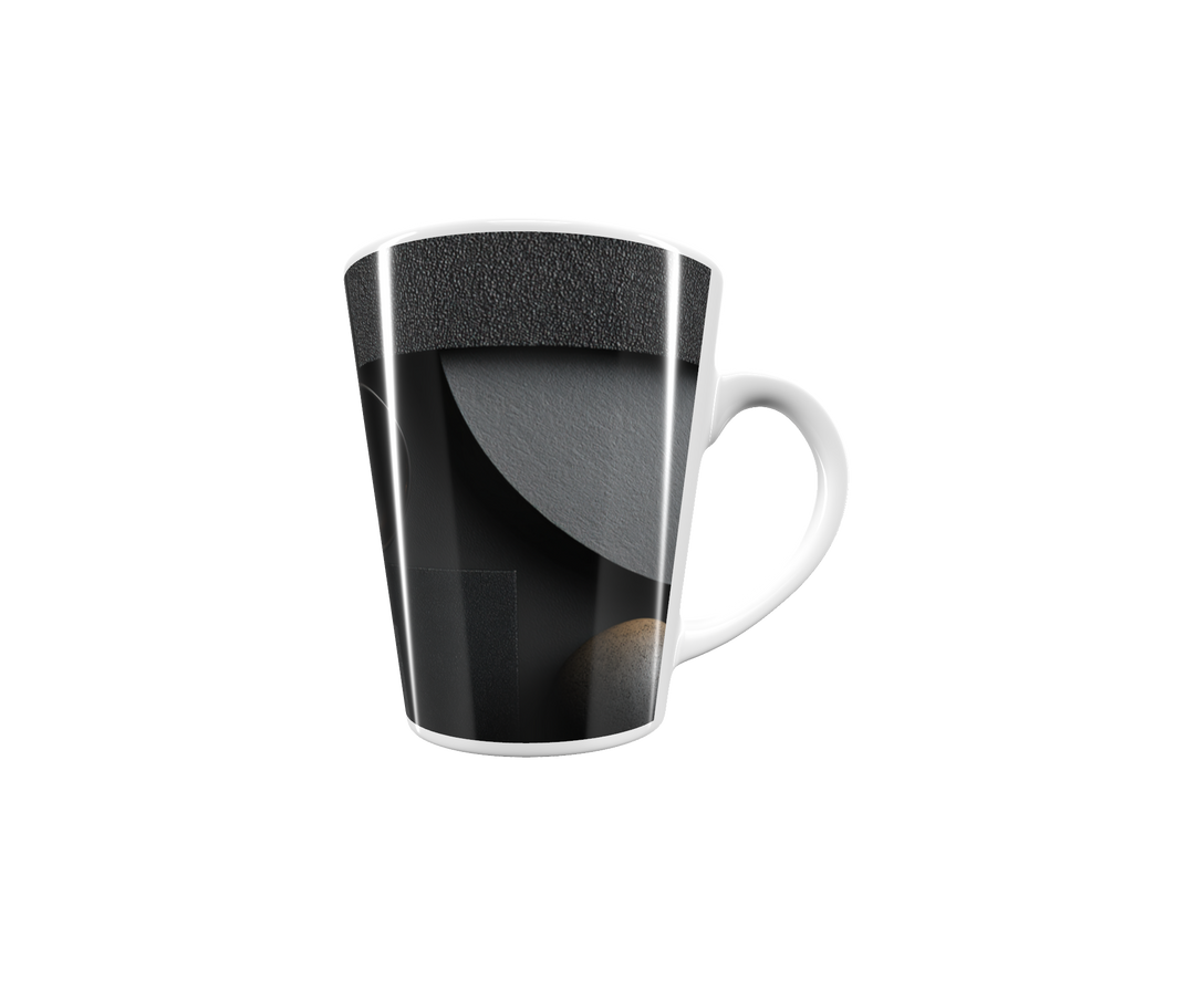 „Latte-Tasse konisch mit geometrischem Schwarz-Grau-Motiv, minimalistisch im Bauhaus-Stil“
