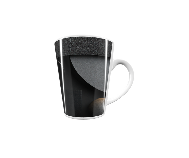 „Latte-Tasse konisch mit geometrischem Schwarz-Grau-Motiv, minimalistisch im Bauhaus-Stil“