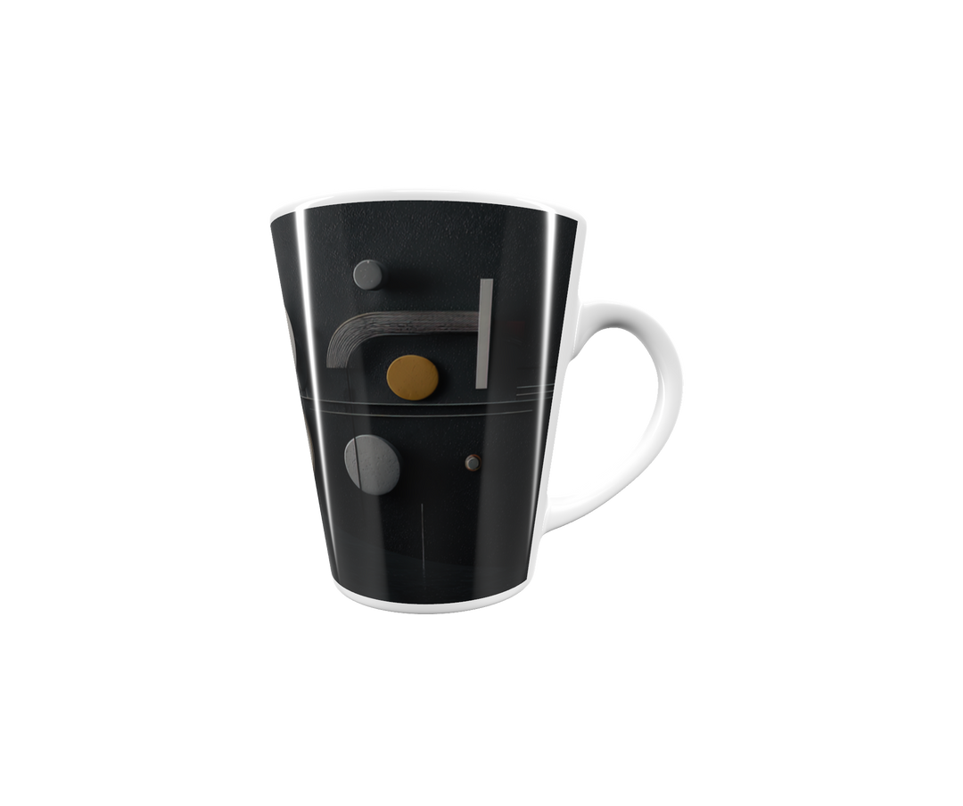 „Latte-Tasse konisch mit abstraktem Schwarz-Grau-Motiv, minimalistisch inspiriert von Kandinsky & Bauhaus“