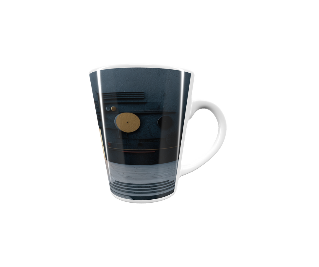 Latte-Tasse konisch mit abstraktem Bauhaus-Motiv, Kreise und Linien in Gold und Rot, inspiriert von Kandinsky“
