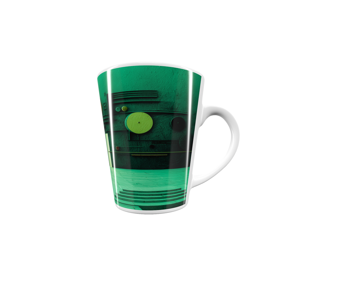 „Latte-Tasse konisch mit abstraktem grünem Bauhaus-Motiv, Kreise und Linien inspiriert von Kandinsky“