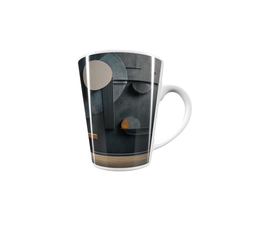 „Latte-Tasse konisch mit abstraktem Bauhaus-Motiv aus Kreisen und Linien, inspiriert von Kandinsky, mit Lichtakzent“