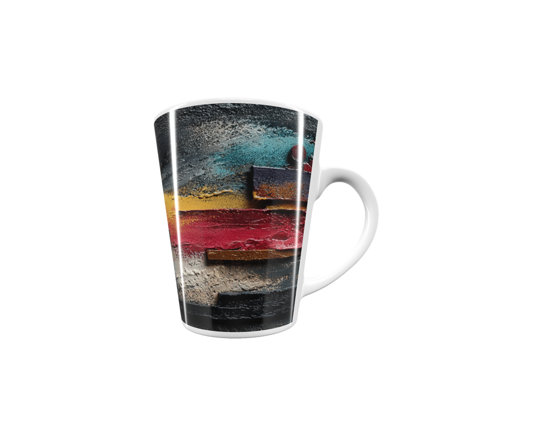 „Latte-Tasse konisch mit abstraktem farbenfrohen Motiv in Rot, Gelb und Violett, inspiriert von Bauhaus und Kandinsky“