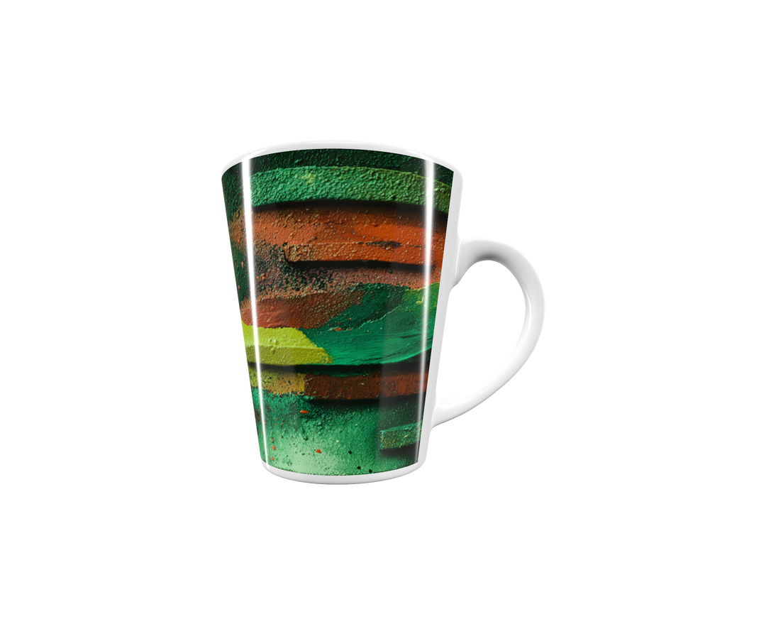 „Latte-Tasse konisch mit abstraktem grün-gelb-orangefarbenem Motiv, inspiriert von Bauhaus und Kandinsky“