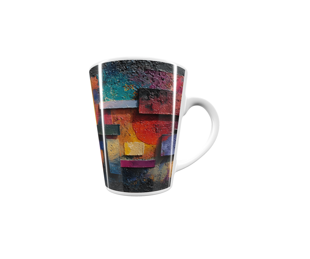 „Latte-Tasse konisch mit abstraktem farbenfrohem Motiv in Gelb, Rot, Violett und Blau, inspiriert von Bauhaus und Kandinsky“