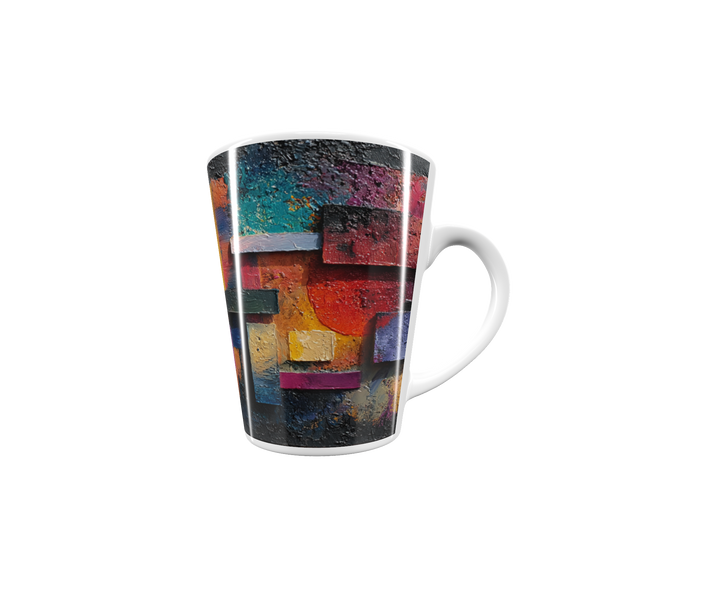 „Latte-Tasse konisch mit abstraktem farbenfrohem Motiv in Gelb, Rot, Violett und Blau, inspiriert von Bauhaus und Kandinsky“