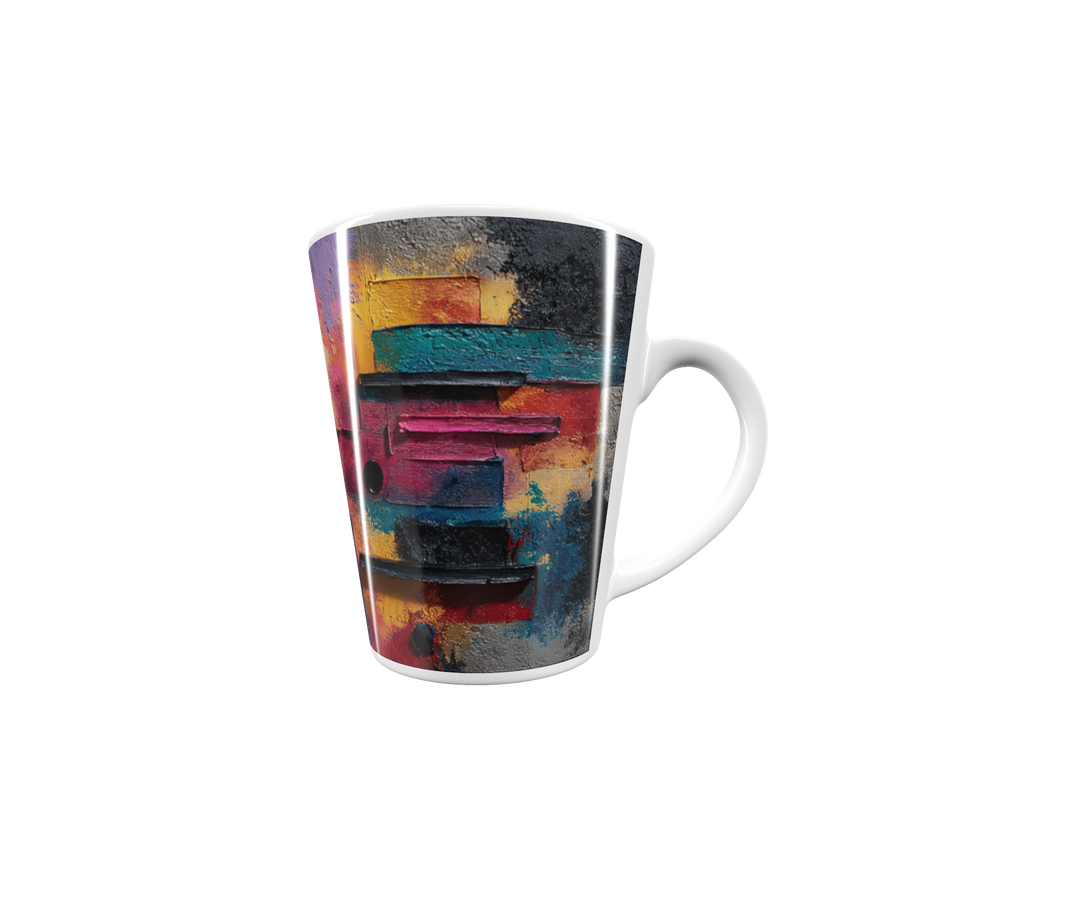„Latte-Tasse konisch mit abstraktem farbenfrohem Bauhaus-Motiv in Gelb, Pink, Violett und Türkis“