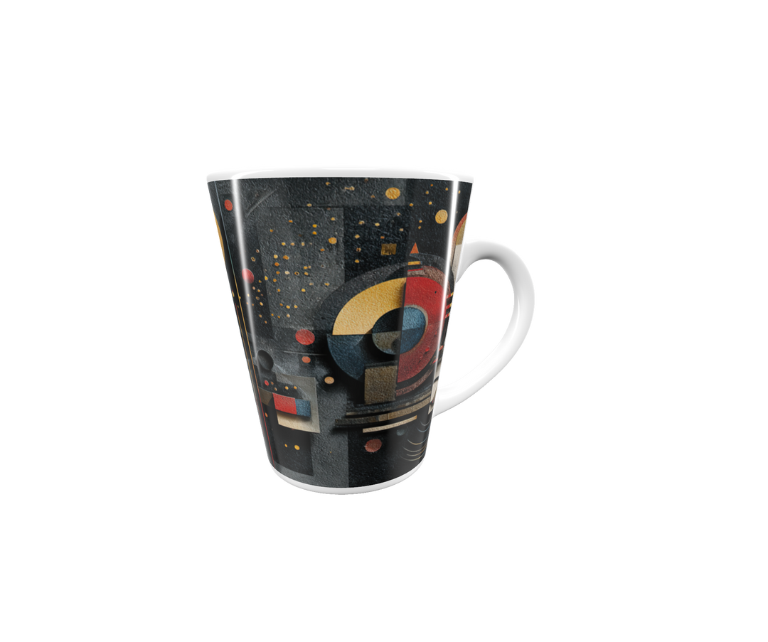 „Latte-Tasse konisch mit abstraktem geometrischem Bauhaus-Motiv in Rot, Gelb, Blau und Schwarz, inspiriert von Kandinsky“