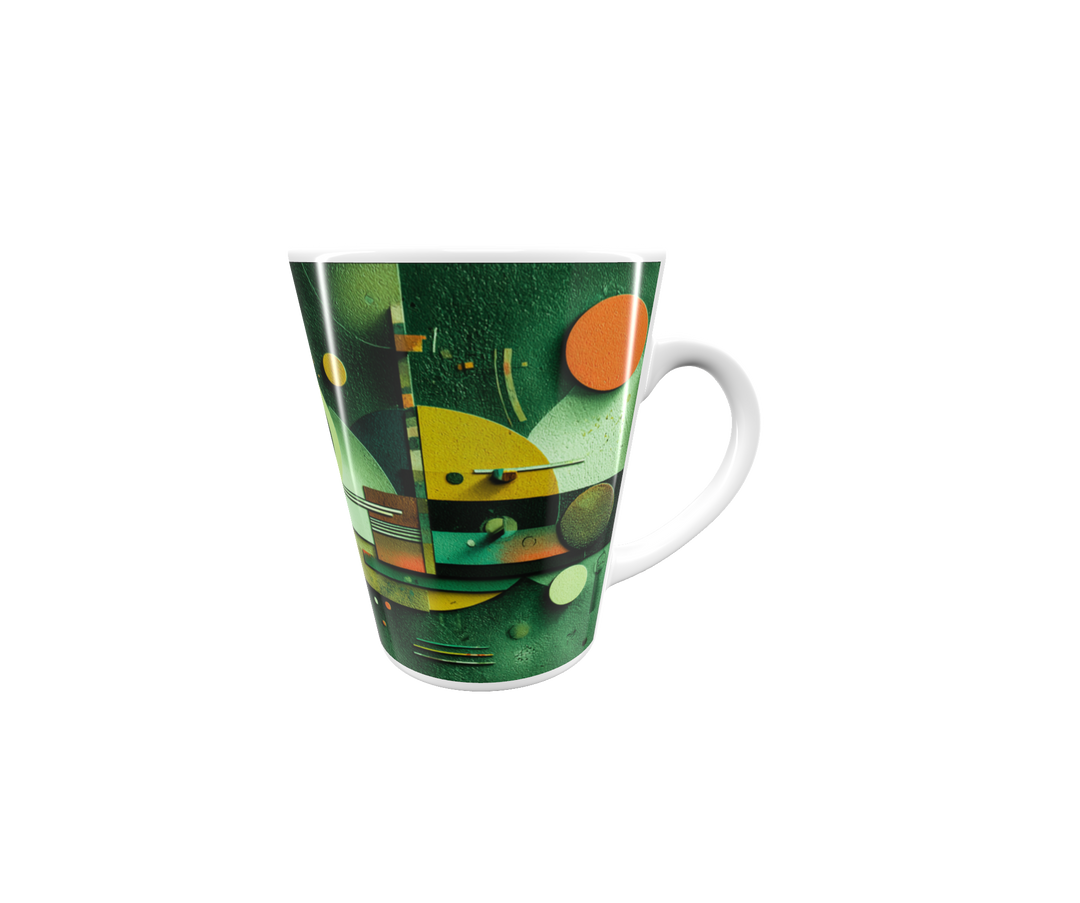 „Latte-Tasse konisch mit grünem Bauhaus-Motiv, geometrische Kreise und Linien inspiriert von Kandinsky“