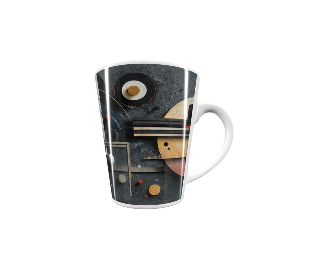 „Latte-Tasse konisch mit abstraktem geometrischem Motiv in Rot, Gelb, Blau und Weiß, inspiriert von Kandinsky & Bauhaus“