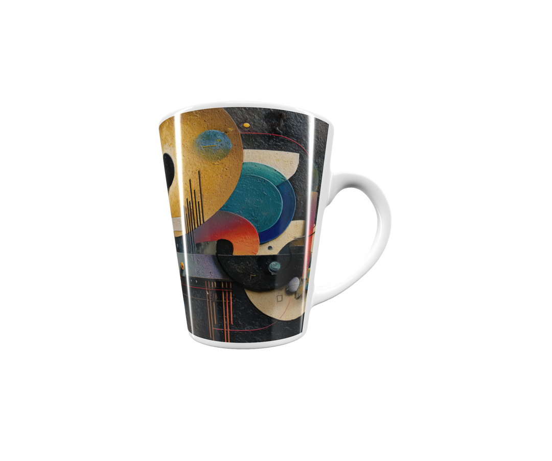 „Latte-Tasse konisch mit abstraktem Bauhaus-Motiv in Gelb, Blau, Rot und Violett, inspiriert von Kandinsky“